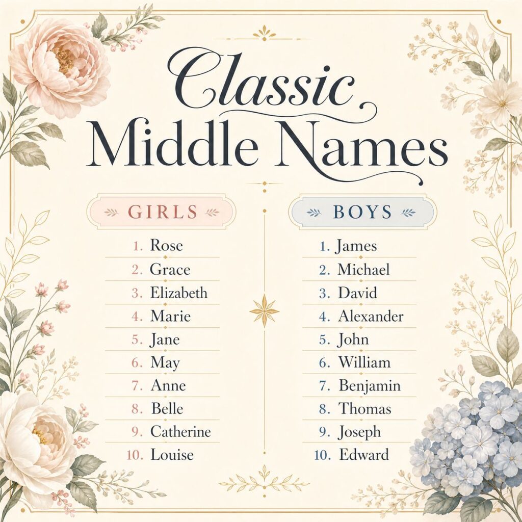 Floral infographic of classic middle names for boys and girls like Rose, Grace, James, and William.