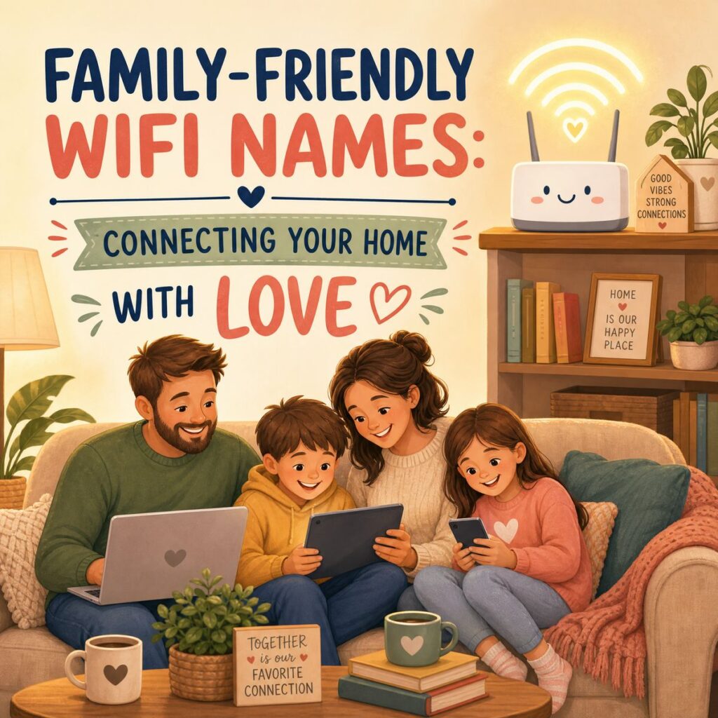 Wholesome family illustration for family-friendly WiFi names with a cute router in a cozy living room.