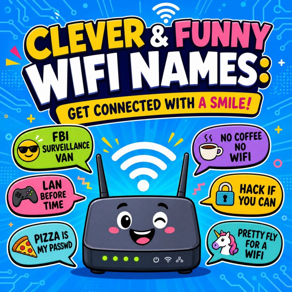 Cartoon WiFi router with funny network name speech bubbles like FBI Surveillance Van and Pretty Fly for a WiFi.