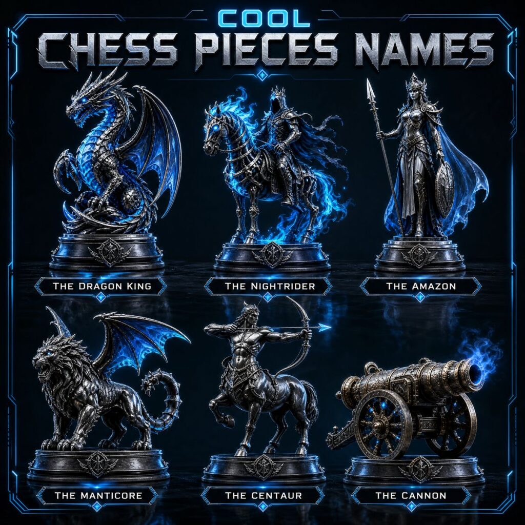 Infographic of cool chess pieces like Dragon King, Nightrider, and Amazon in a neon blue fantasy style.