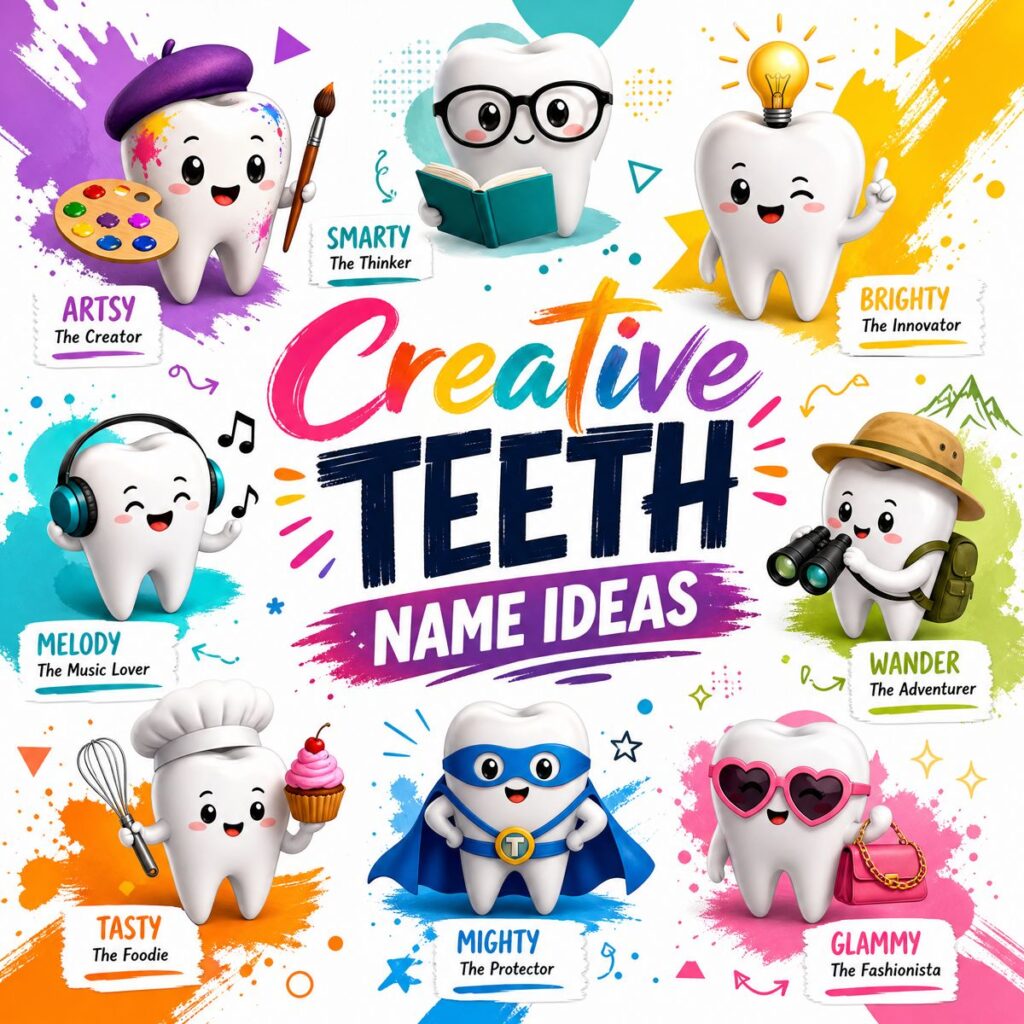 Infographic of creative tooth characters like Artsy, Smarty, and Mighty for fun teeth naming ideas.