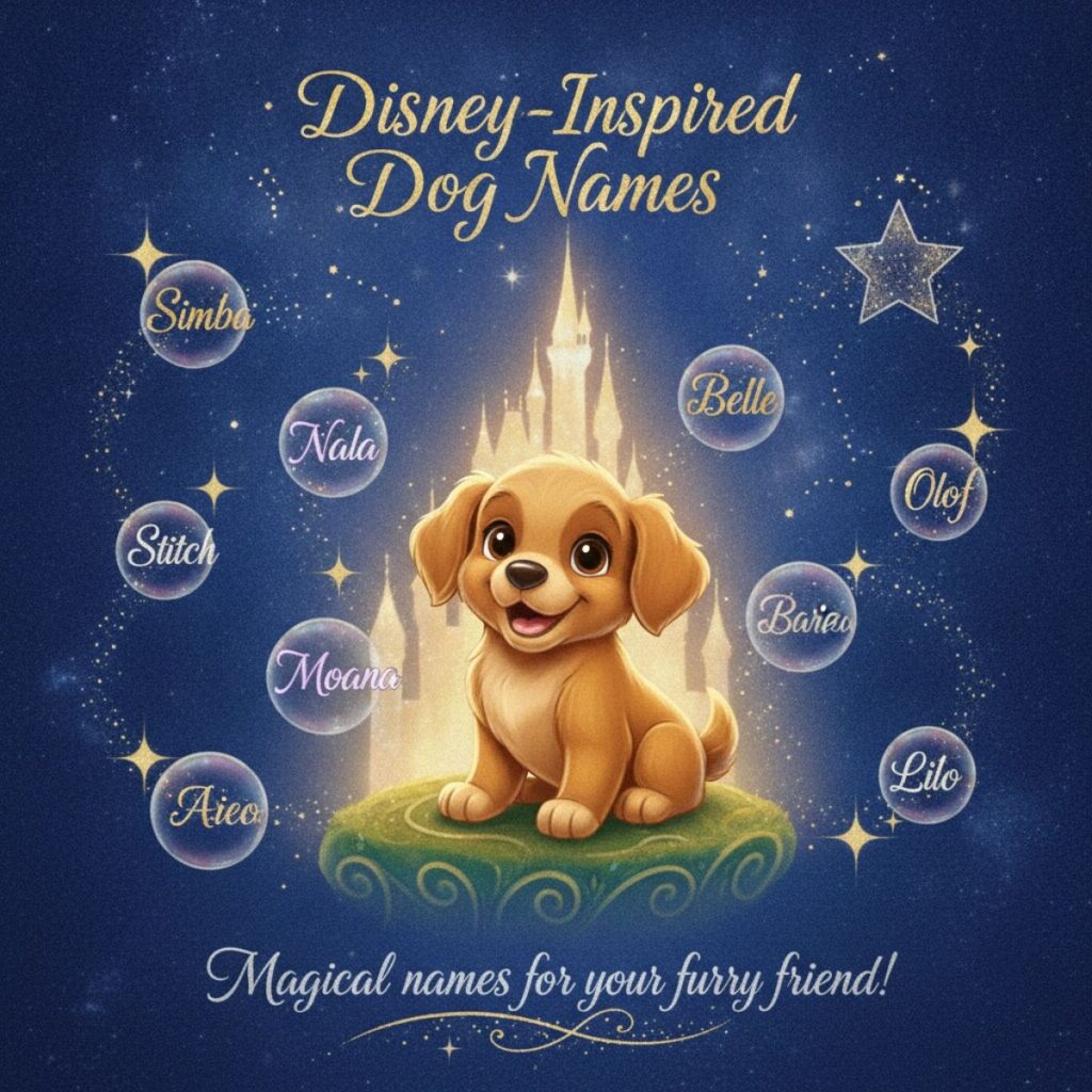 Disney-inspired dog names with a cute puppy in front of a magical castle and starry sky.