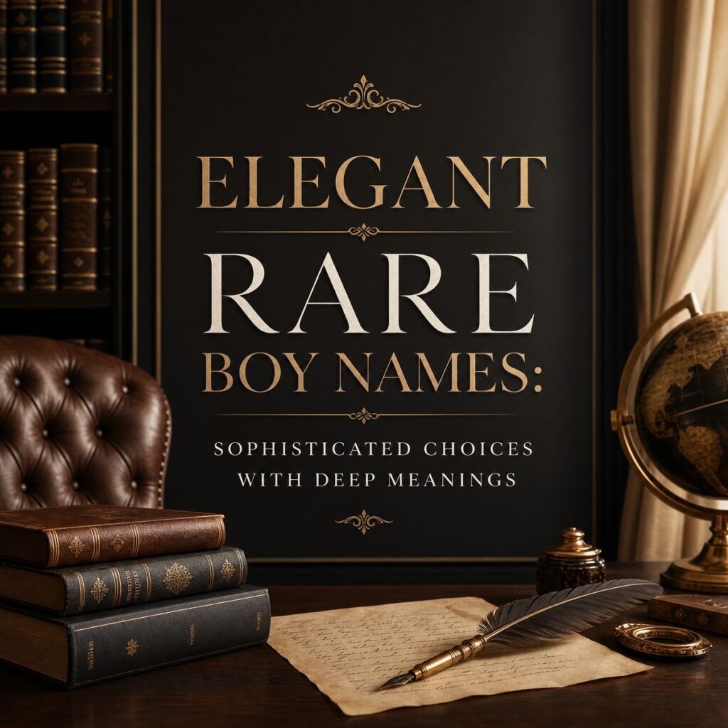 Sophisticated rare boy names list on an elegant vintage study background with books and a quill pen.