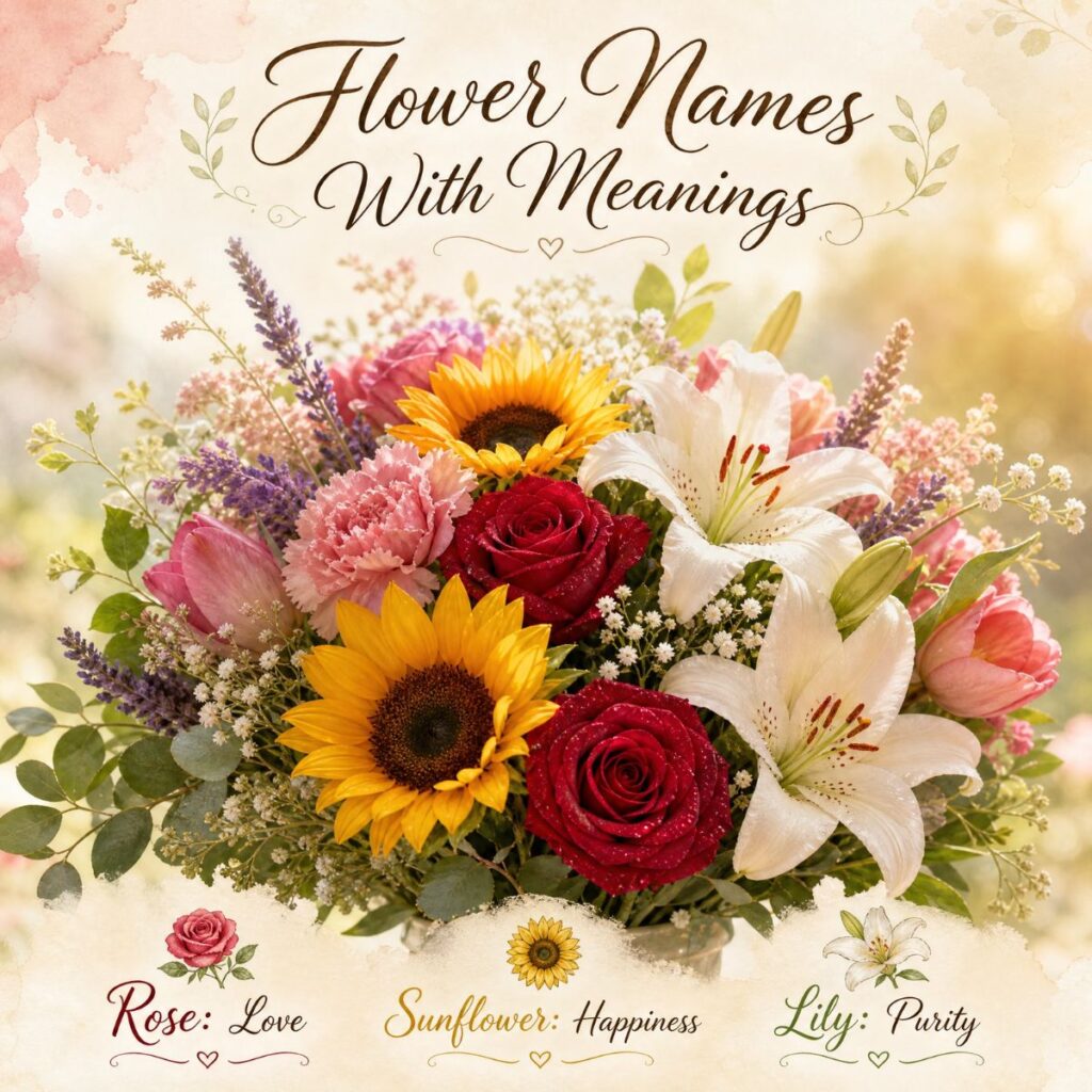 Botanical infographic showing flower names like Rose and Sunflower with their symbolic meanings.