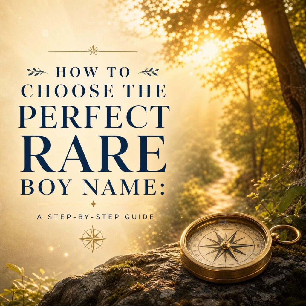 A golden compass on a forest path with text about choosing the perfect rare boy name step-by-step guide.