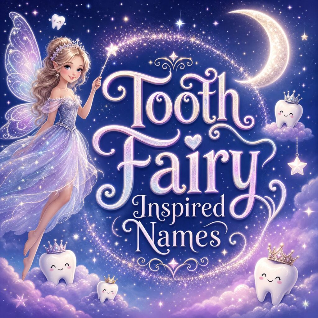 Enchanting Tooth Fairy with magic wand and cute crowned teeth under a crescent moon and starlit sky.