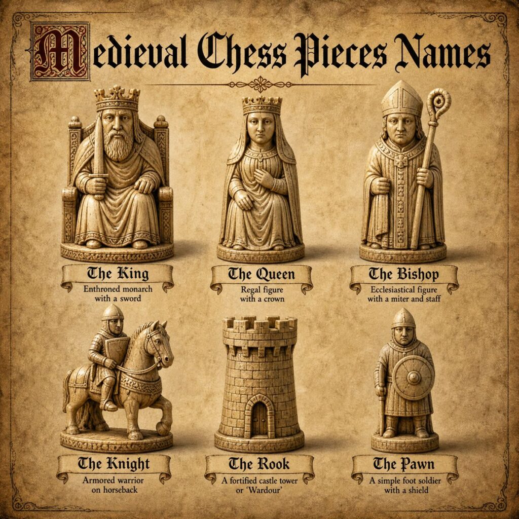 Infographic of medieval chess pieces like the King, Queen, and Bishop on aged parchment.
