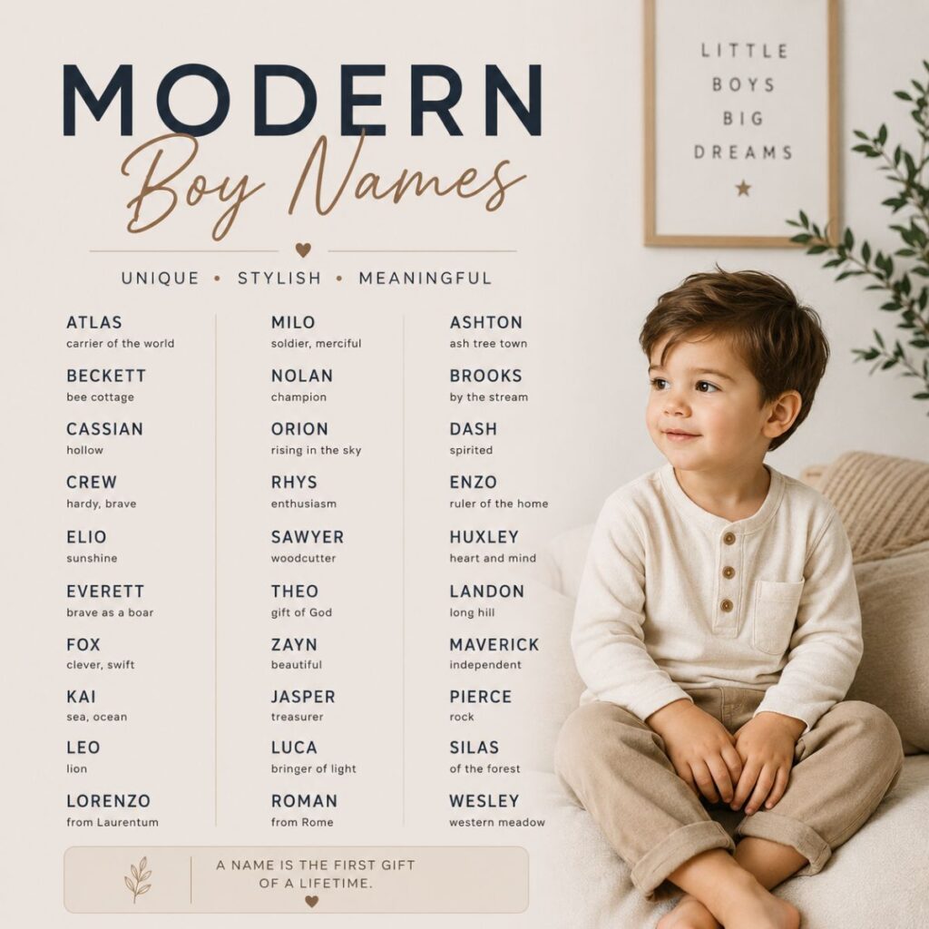 Modern boy names poster featuring stylish baby names and a toddler in a cozy neutral nursery setting