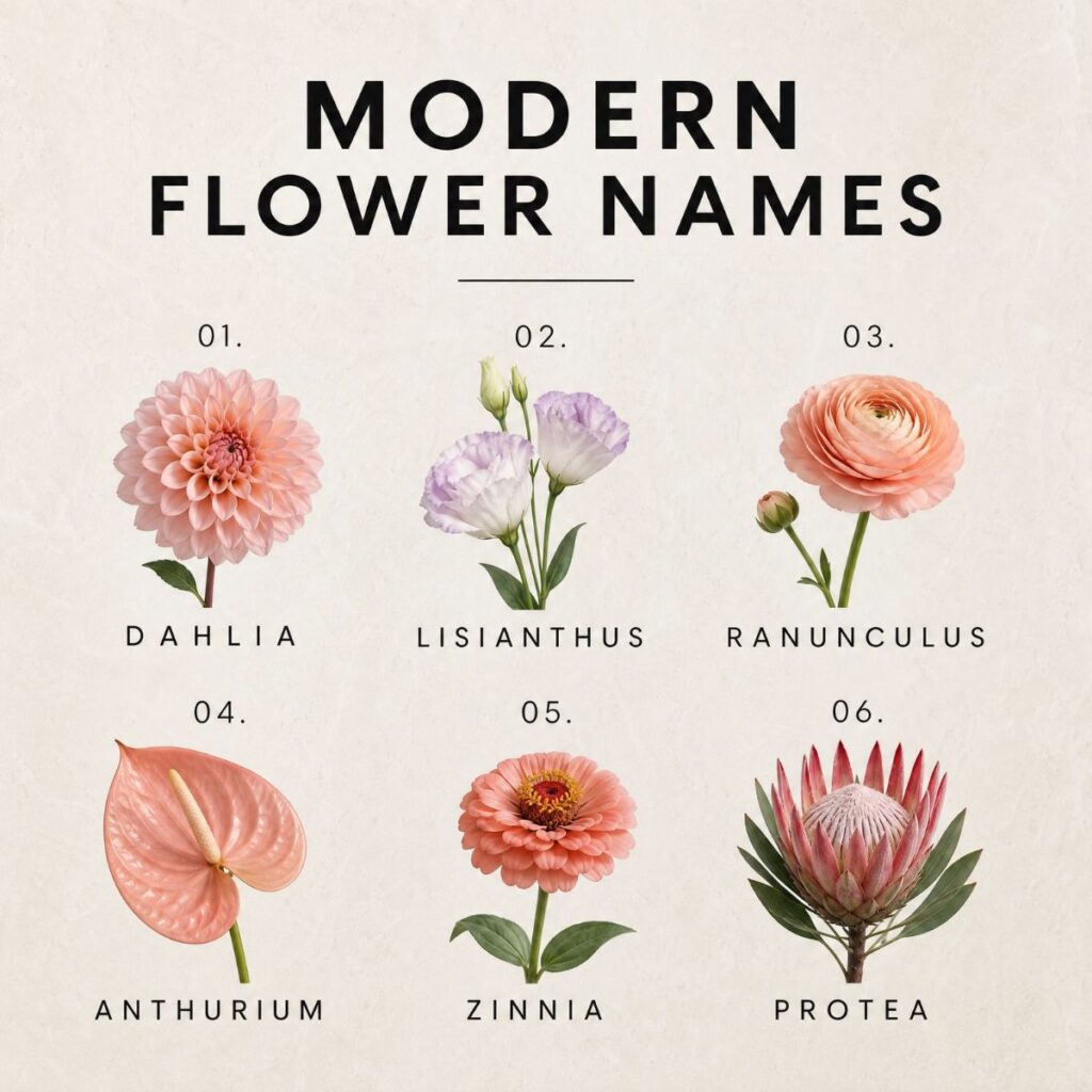 Minimalist guide to modern flower names featuring Dahlia, Ranunculus, and Protea on a neutral background.