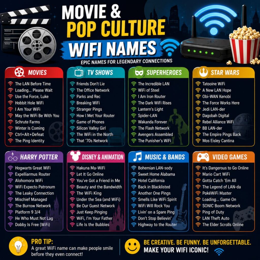 Movie and pop culture WiFi names infographic featuring funny network name ideas inspired by films, TV shows, games, and music.