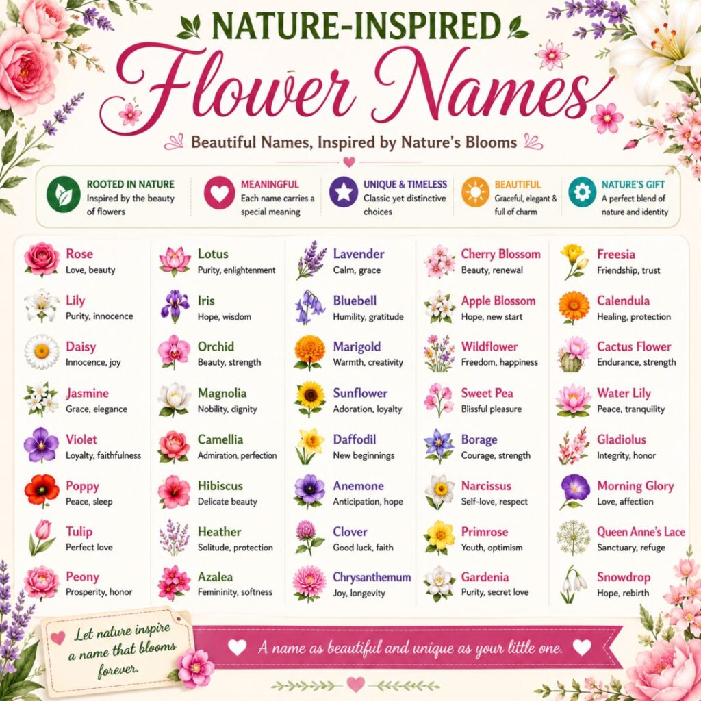 Nature-inspired flower names with beautiful floral baby name ideas and meaningful flower names for girls in a colorful infographic.
