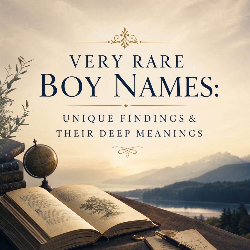 Vintage book and globe with rare boy names text against a serene mountain landscape background.