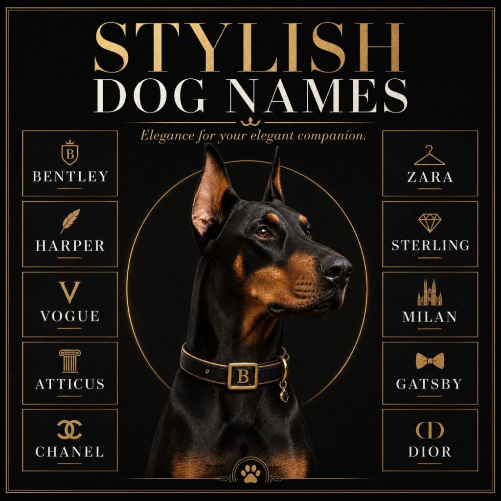 Elegant Doberman with luxury dog names like Bentley and Dior in a gold and black fashion style.