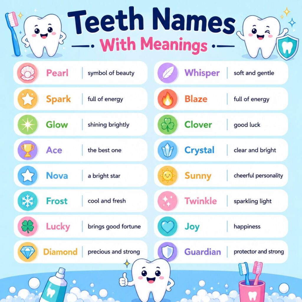 Teeth names with meanings infographic showing cute tooth names like Pearl, Spark, Glow, Ace and more with meanings
