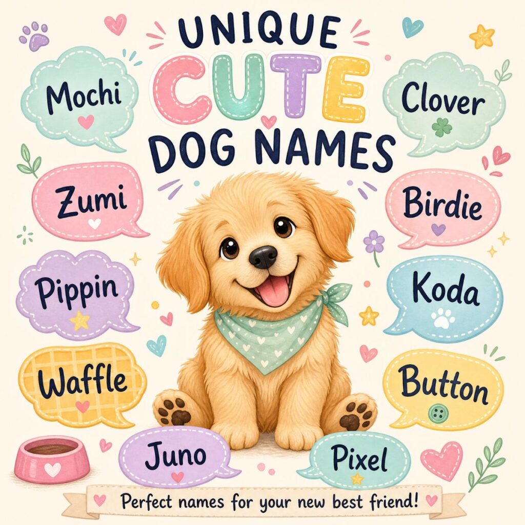 Cute puppy illustration with unique dog names like Mochi and Waffle in colorful pastel bubbles.