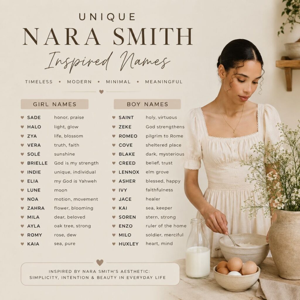 Minimalist Nara Smith inspired names poster featuring aesthetic baby names and a woman baking in a cozy kitchen