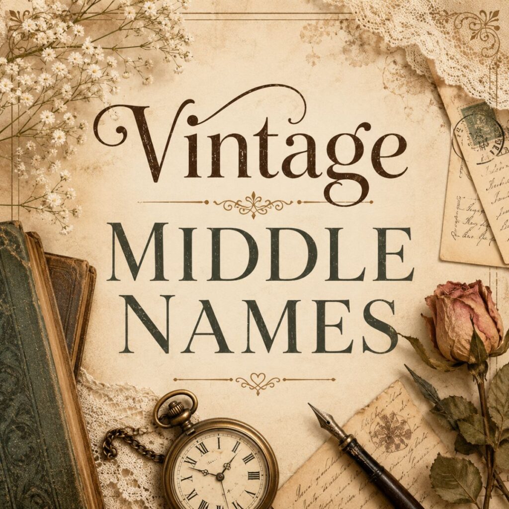 Vintage middle names illustration with antique books, pocket watch, dried rose, and elegant typography on a sepia background.