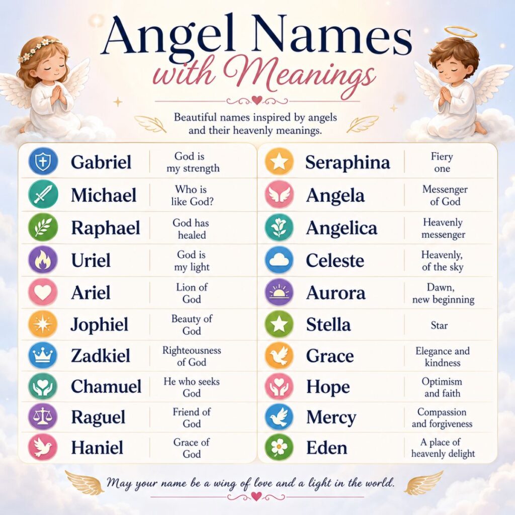 Angel names with meanings infographic featuring popular heavenly names, their meanings, and angel illustrations