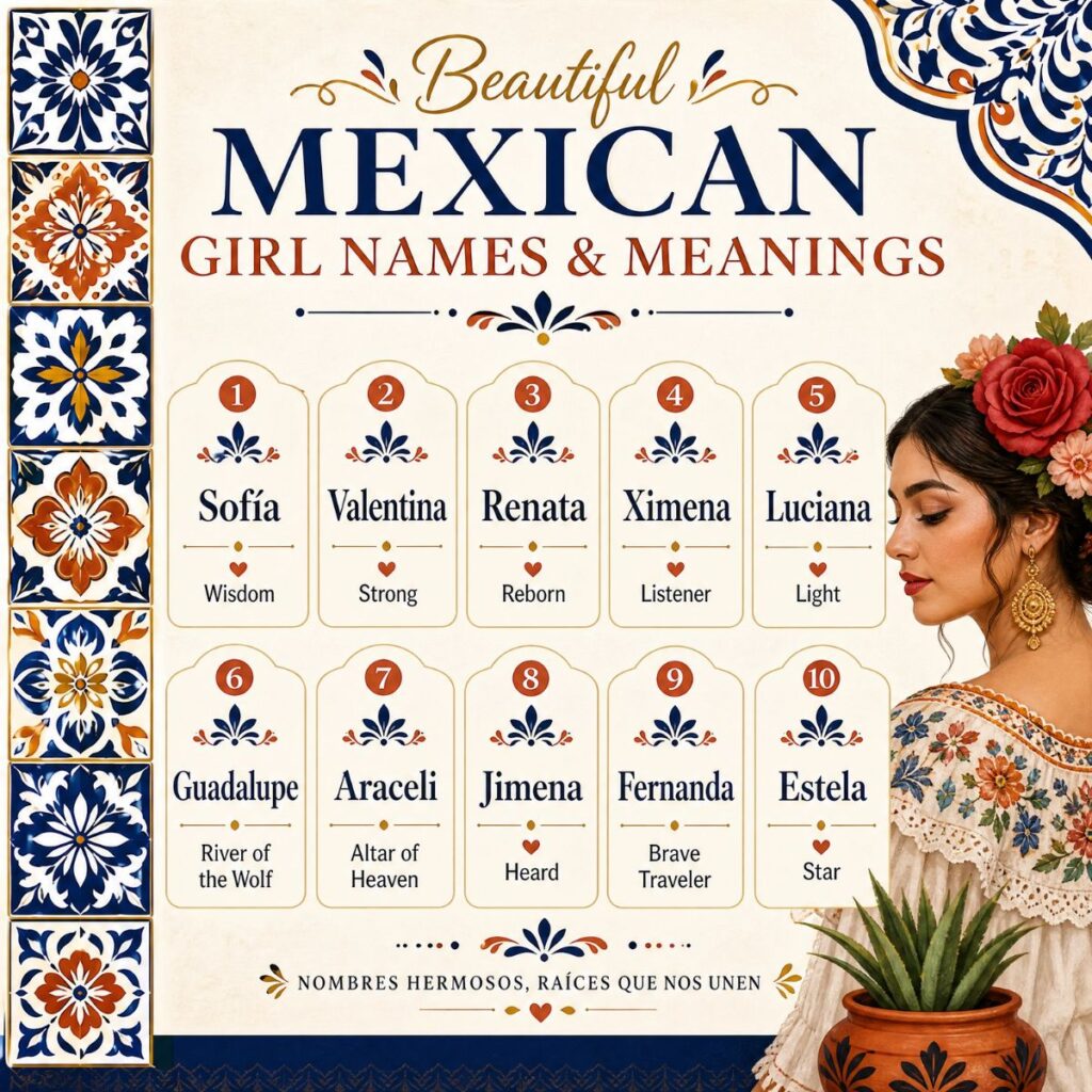 Infographic of Mexican girl names and meanings with Talavera tile art and traditional cultural illustrations.