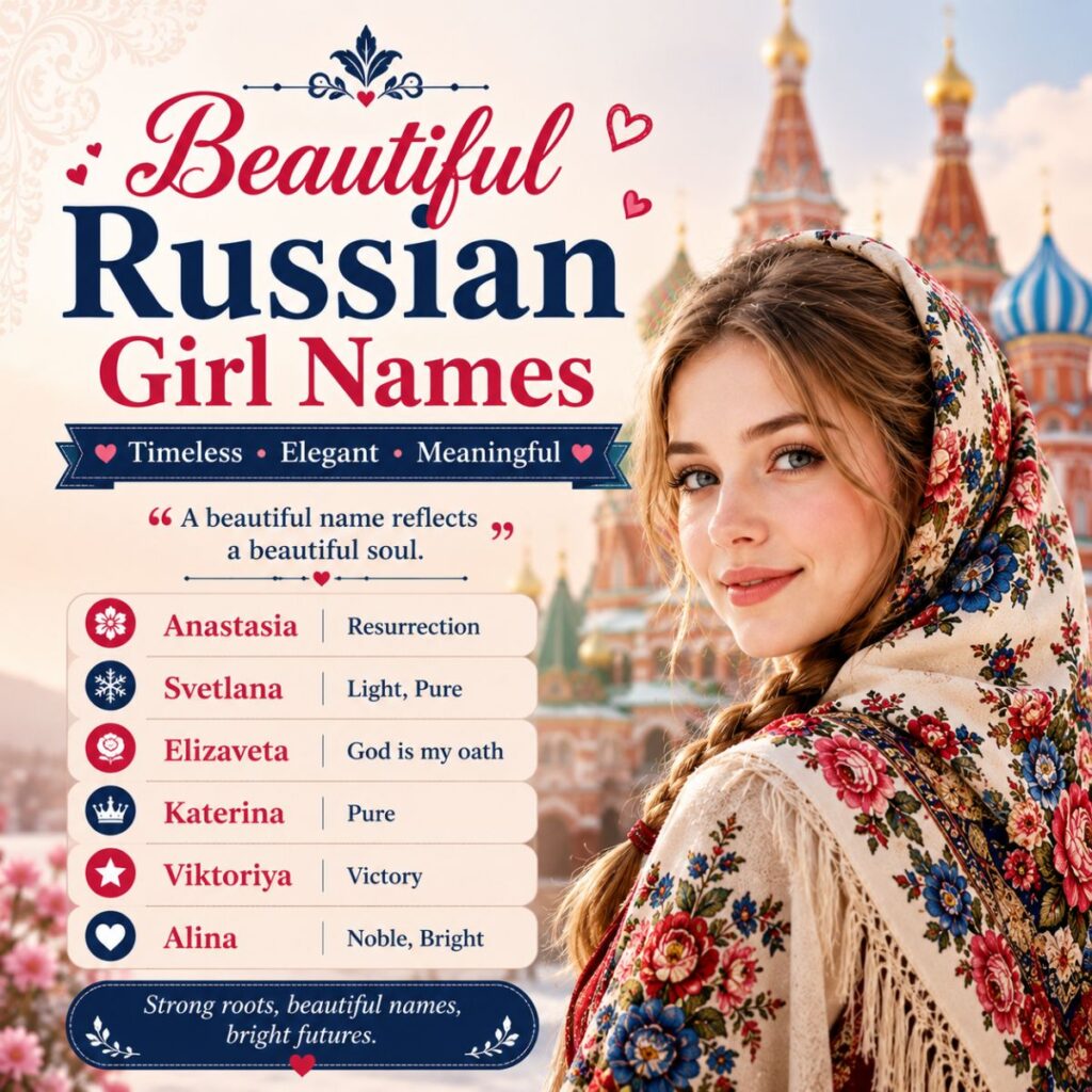 Beautiful Russian girl names with meanings featuring a woman in traditional attire and iconic Russian architecture