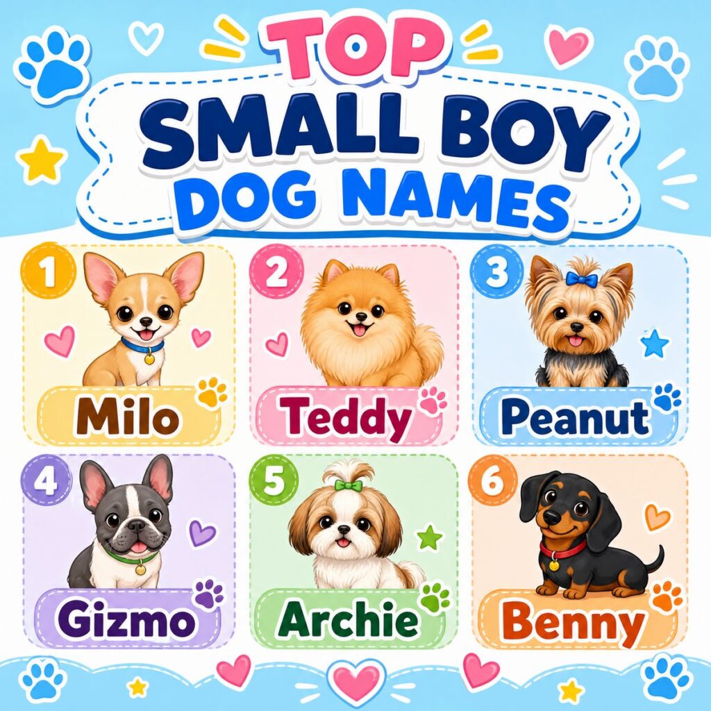 Infographic of top small boy dog names with cute puppy illustrations like Milo, Teddy, and Peanut.