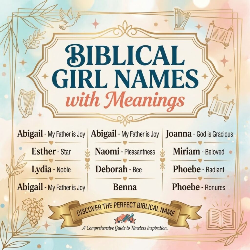 Square graphic featuring biblical girl names and meanings with delicate gold line art and soft watercolor background.
