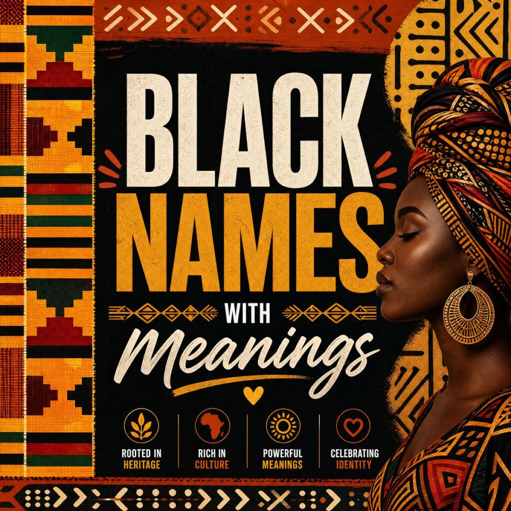 Cultural graphic for Black Names with Meanings featuring African patterns and a woman in a traditional headwrap.