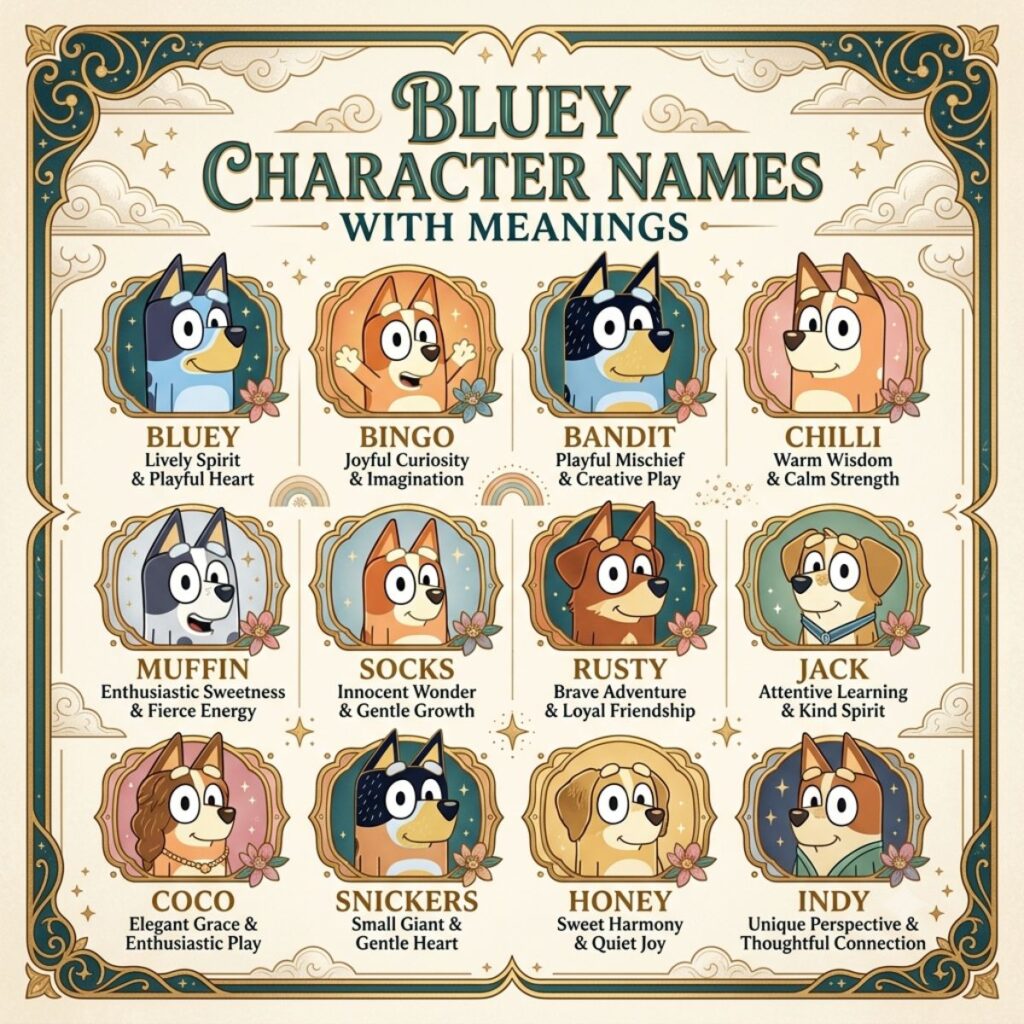 Elegant, luxury-themed chart showing twelve Bluey characters with their names and personality meanings.