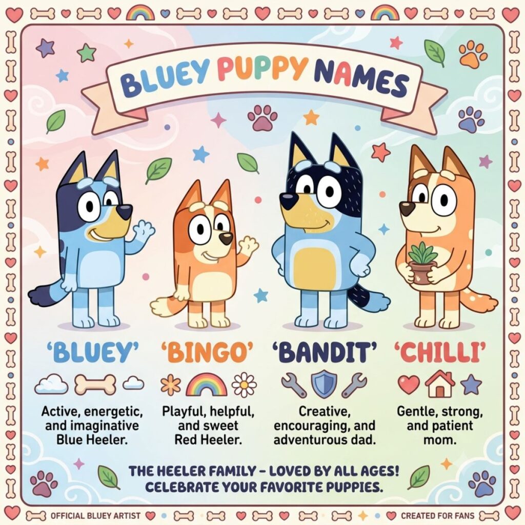 Infographic of the Bluey Heeler family with character names, traits, and cute pastel illustrations.