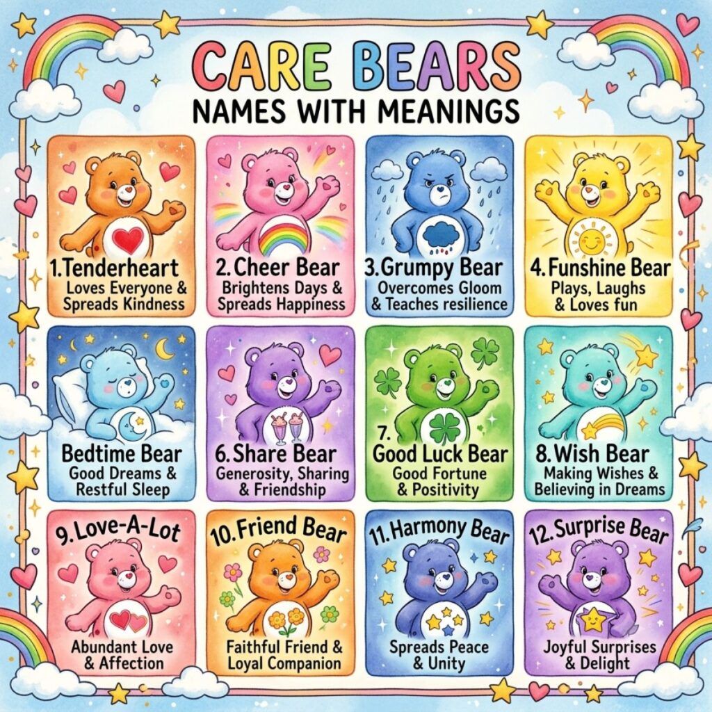 Infographic of 12 Care Bears with their names, belly badges, and meanings in a colorful, cute grid.