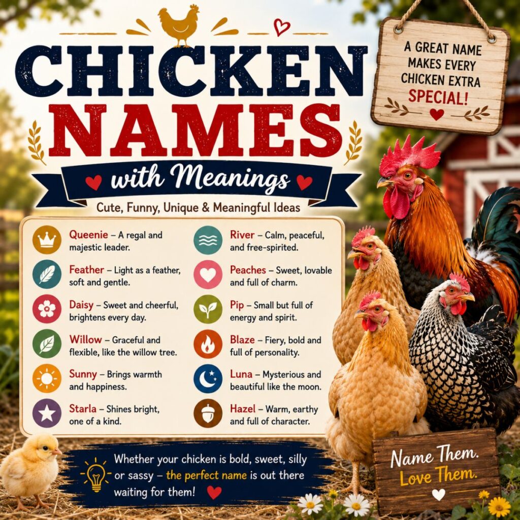 Chicken names with meanings infographic featuring colorful hens, a rooster, and cute, funny, and meaningful name ideas