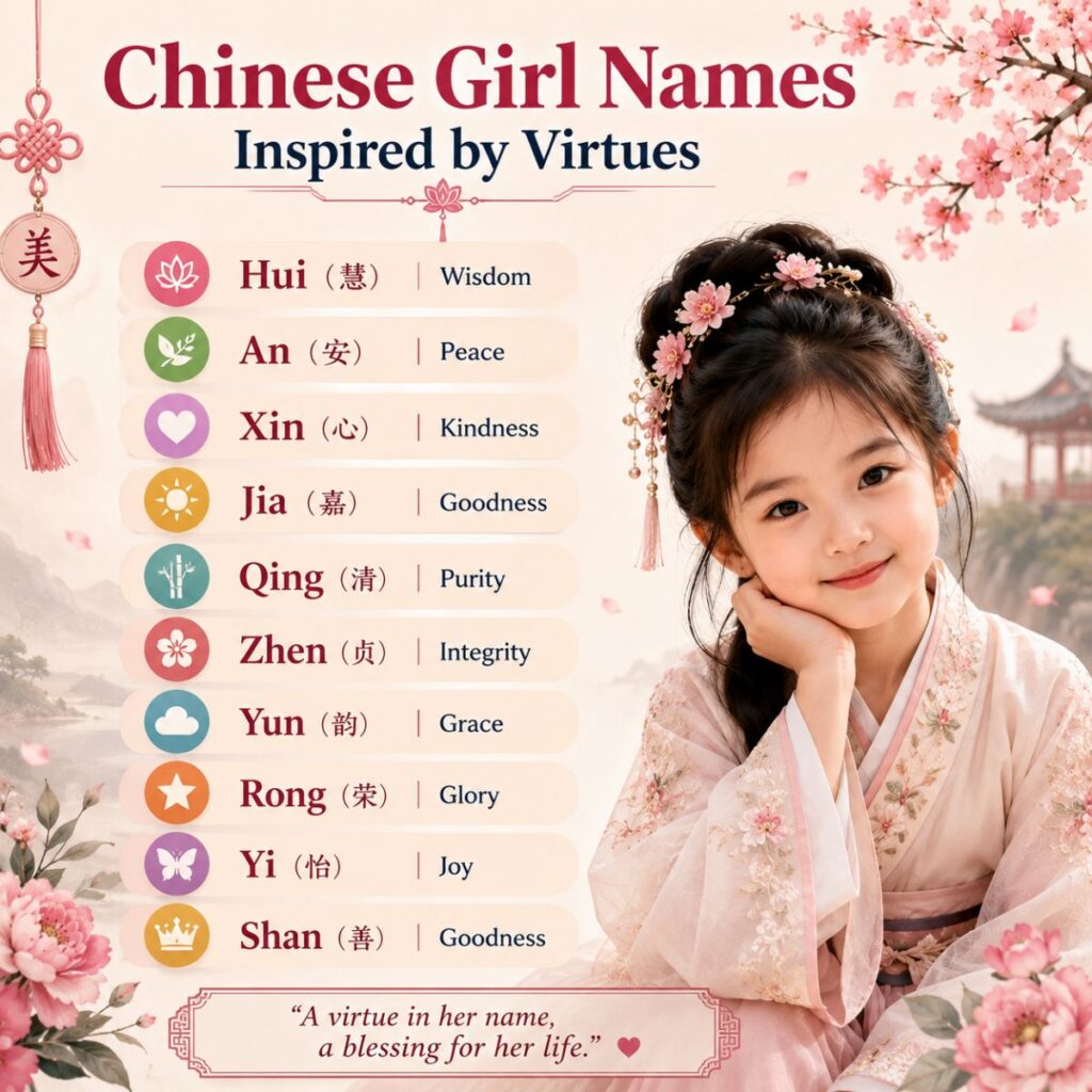 Chinese girl names inspired by virtues infographic with meaningful names, traditional attire, and elegant floral design