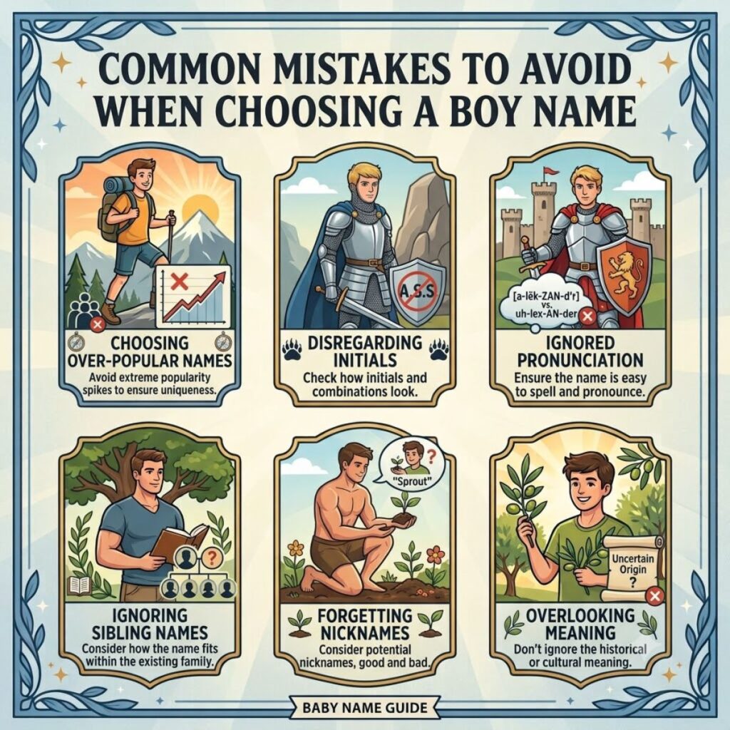 Infographic illustrating common mistakes to avoid when choosing a boy name like checking initials and pronunciation.