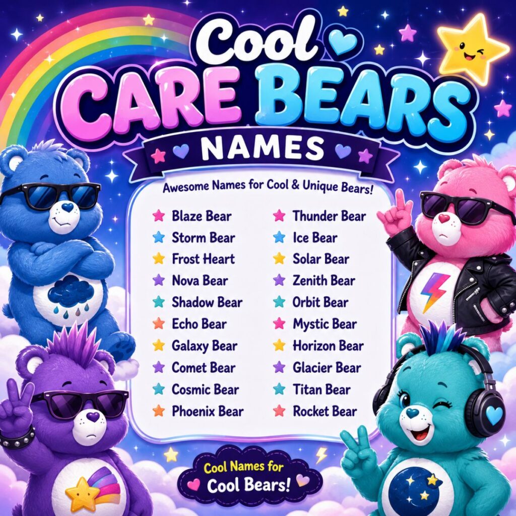 Cool Care Bears names poster with colorful bears, rainbow background, and creative Care Bears name ideas