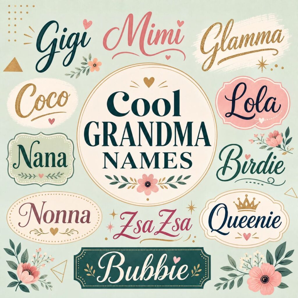 A stylish typographic poster featuring modern grandma names like Gigi, Mimi, and Glamma with floral accents.