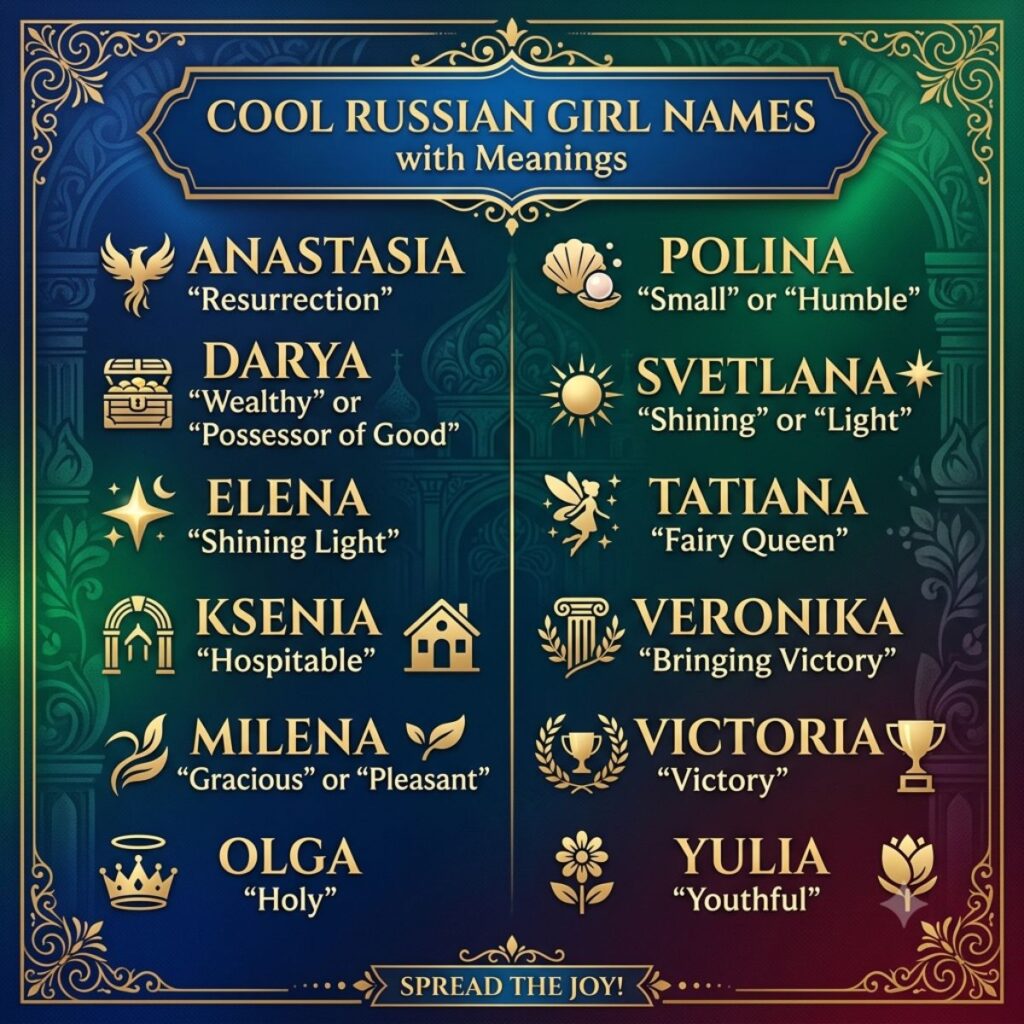 List of cool Russian girl names with meanings in metallic gold typography over rich jewel tones