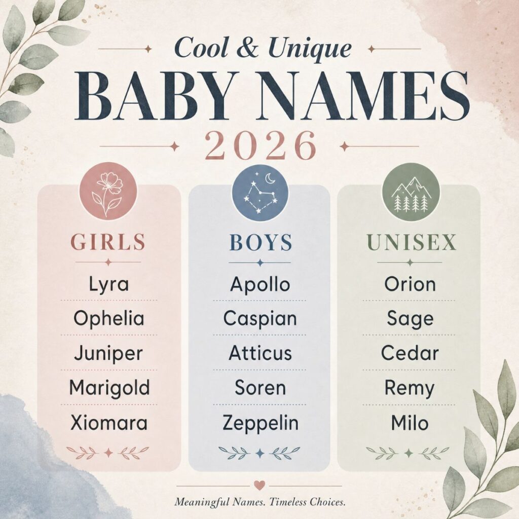 Poster of unique baby names for 2026 featuring Lyra, Apollo, and Orion in a modern pastel design.
