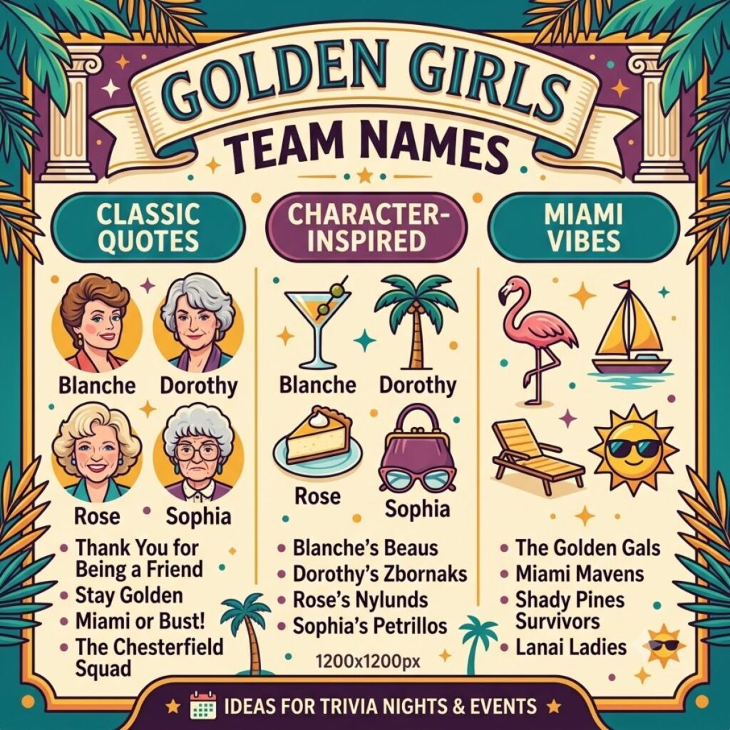 Infographic showing creative Golden Girls team names organized by classic quotes, characters, and Miami vibes.