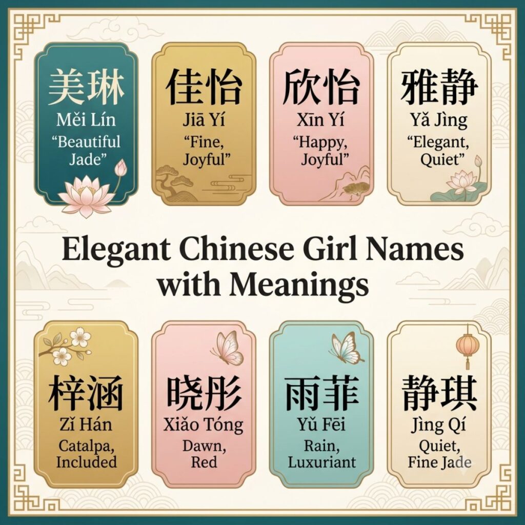 Elegant Chinese girl names infographic with Hanzi characters, Pinyin pronunciations, and English meanings.
