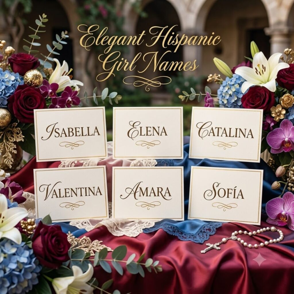 Elegant Hispanic girl names displayed on calligraphic cards surrounded by rich florals, silk, and pearls.