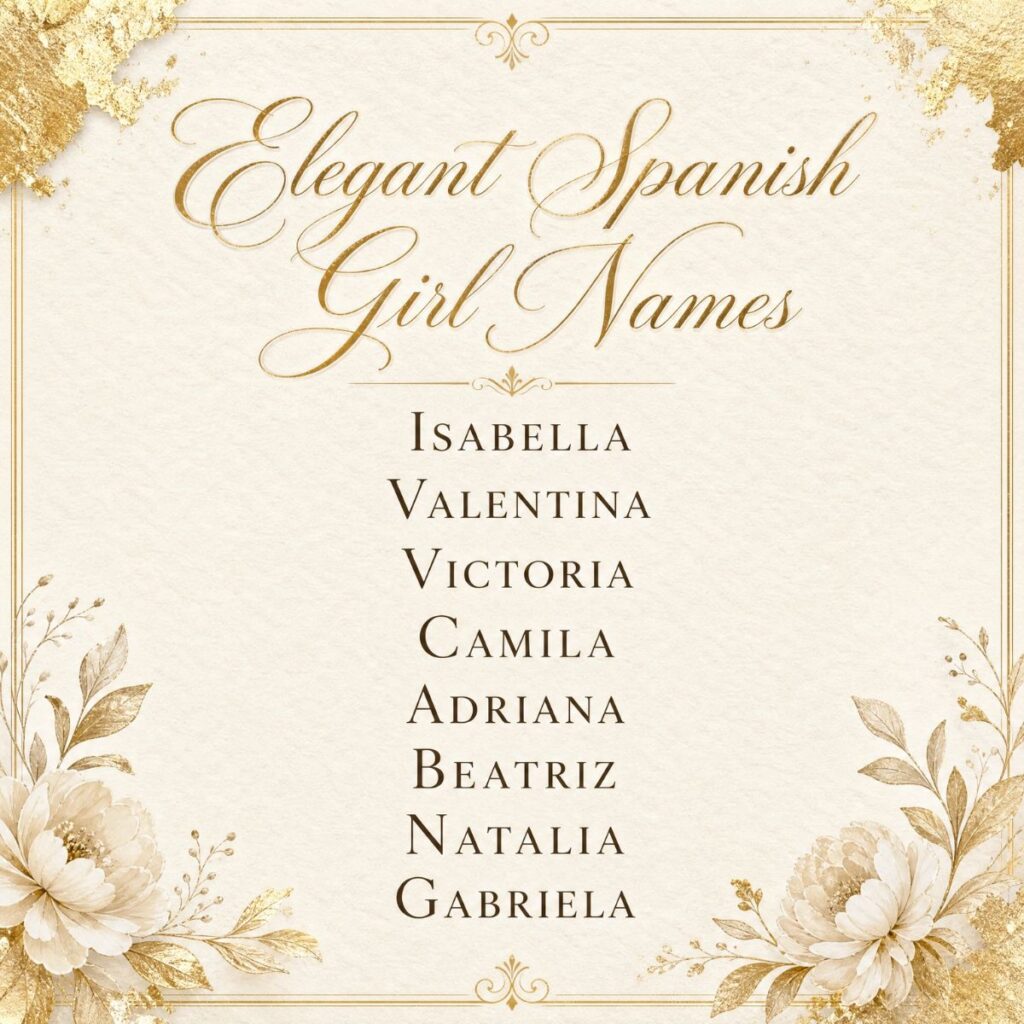 List of elegant Spanish girl names including Isabella and Valentina on a gold and cream floral background.