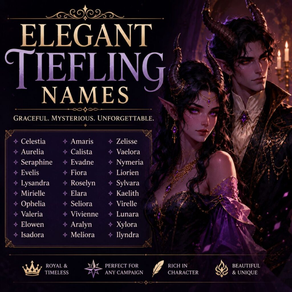 Elegant tiefling names list featuring regal male and female tiefling characters with graceful fantasy-inspired name ideas