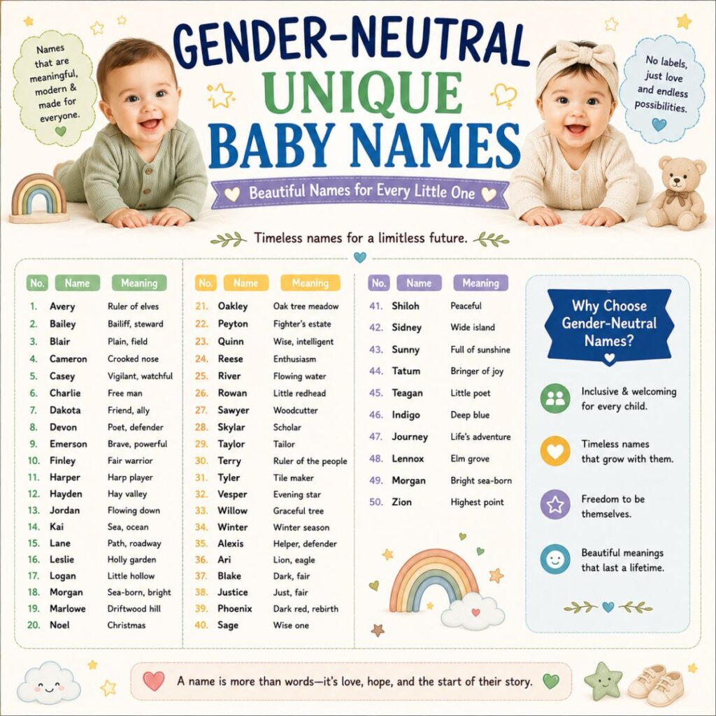 Gender-neutral unique baby names infographic with meaningful unisex names and adorable baby illustrations.