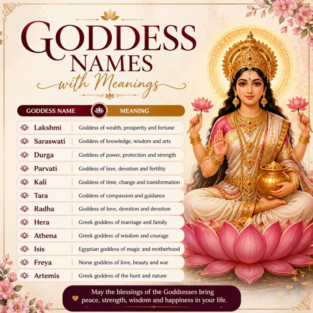 Goddess names with meanings infographic featuring divine goddess illustration, lotus flowers, and popular goddess names
