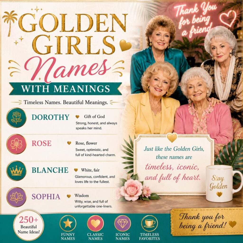 Golden Girls names with meanings featuring iconic characters, vintage design, and classic name inspirations.