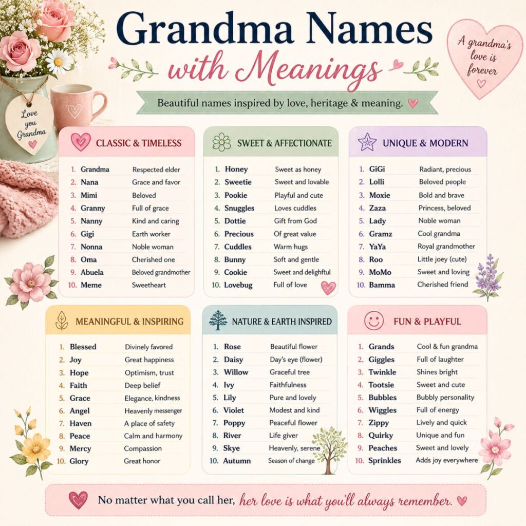 Grandma names with meanings infographic featuring classic, cute, unique, and meaningful grandmother name ideas