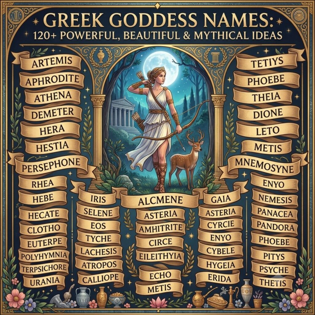 Infographic chart of 120+ Greek goddess names featuring Artemis under a full moon with paper scroll banners.