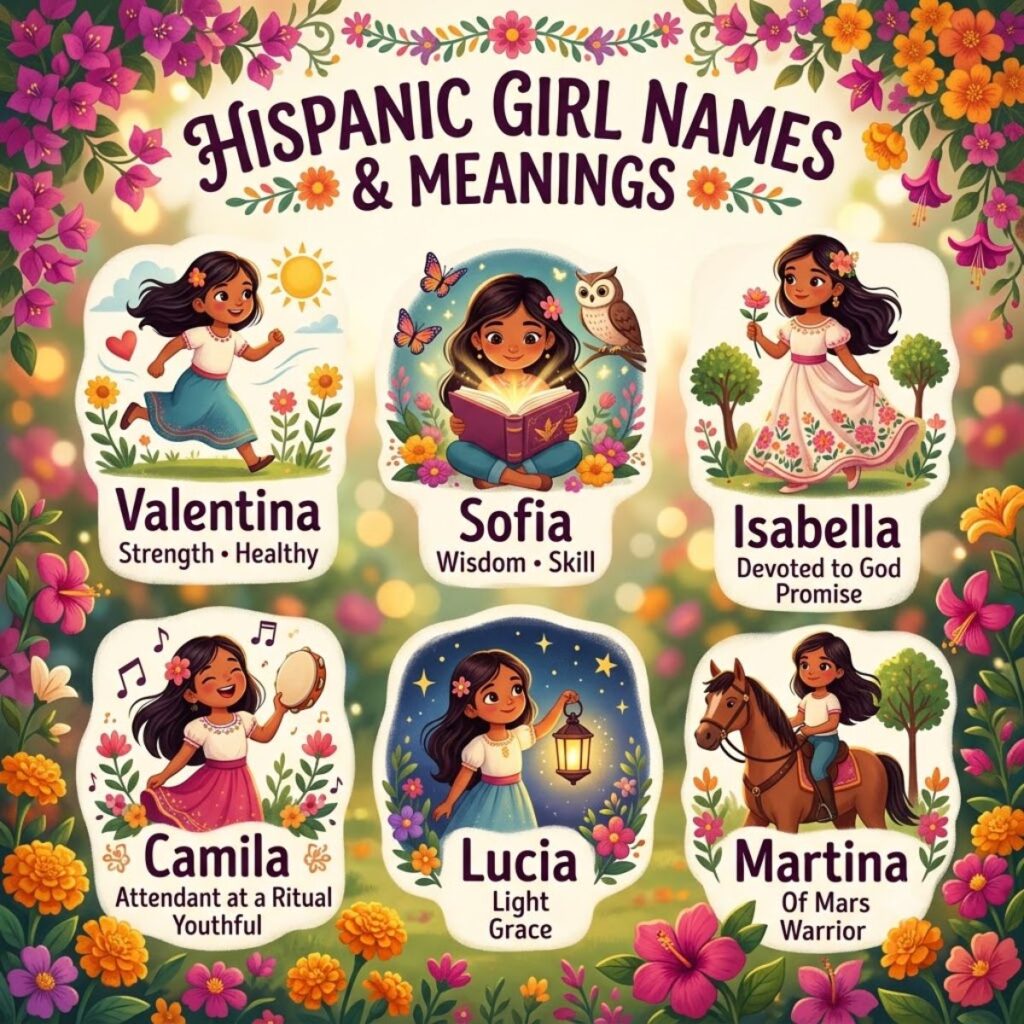 Infographic displaying Hispanic girl names Valentina, Sofia, Isabella, Camila, Lucia, Martina and their meanings.