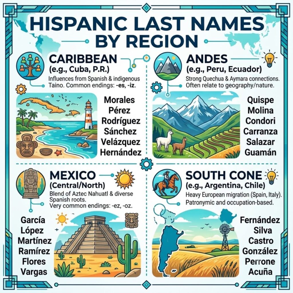 Infographic displaying popular Hispanic last names categorized by region including Caribbean, Andes, Mexico, and South Cone.