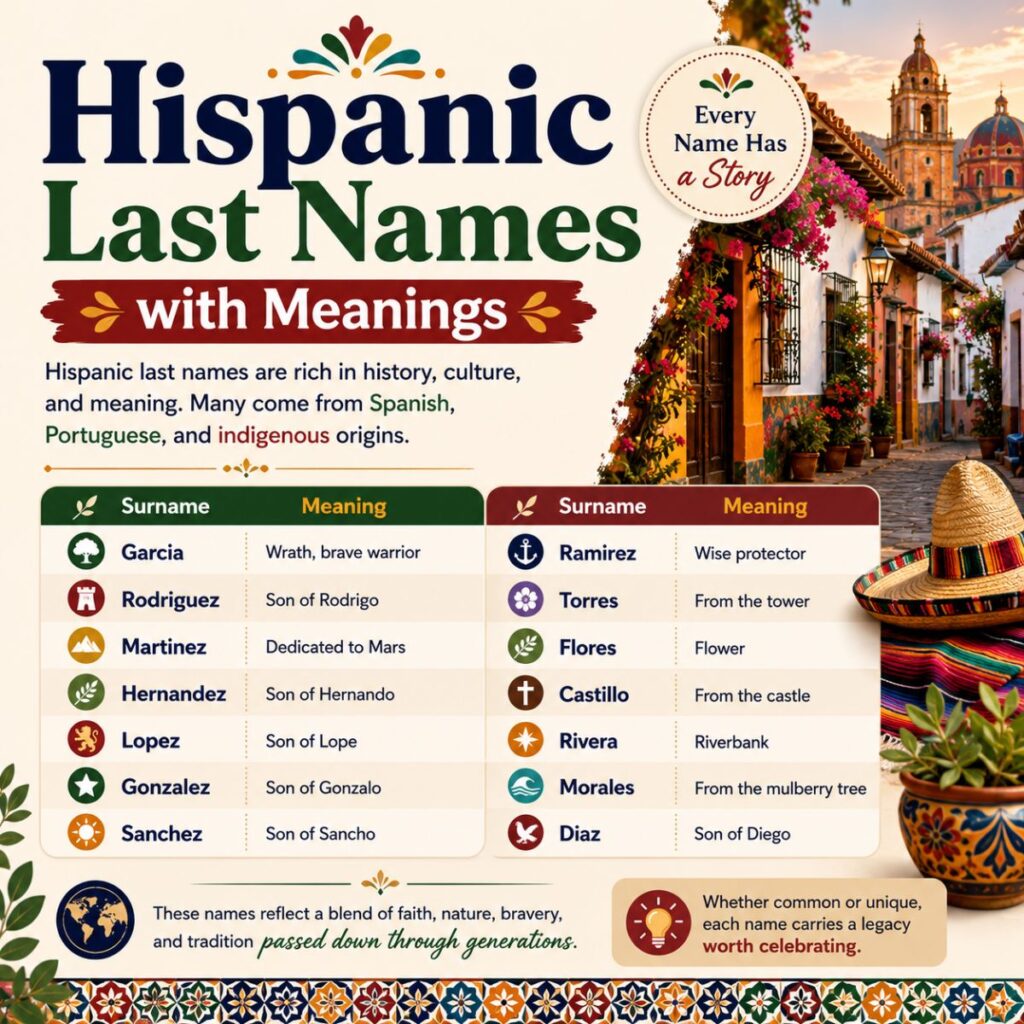Hispanic last names with meanings infographic featuring popular Spanish surnames and their origins